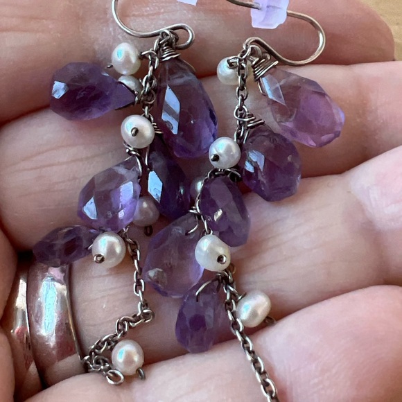 VINTAGE 925 SS FACETED MULTI AMETHYST PEARL CLUSTER BUNCH DANGLE DROP EARRINGS - Picture 10 of 16